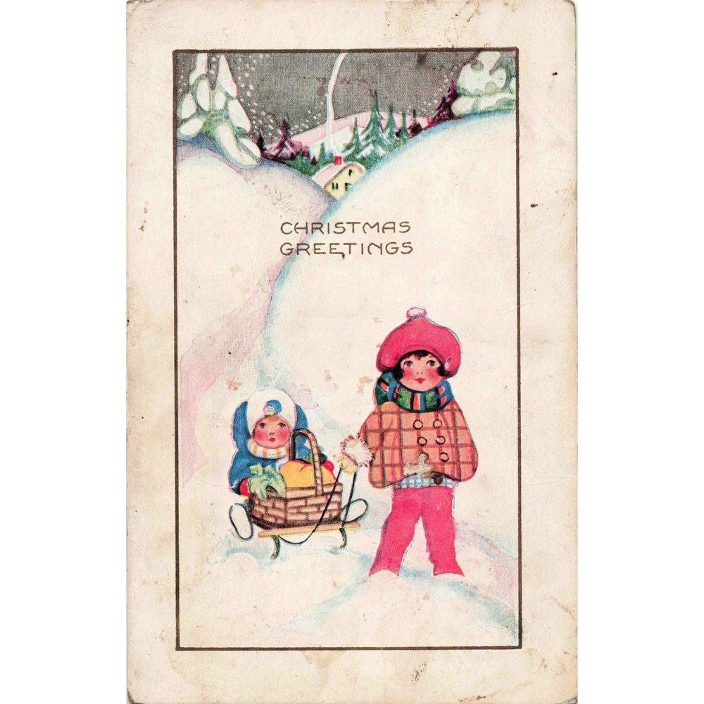 Christmas Postcard Whitney Made Children Sled Winter Scene Divided Back